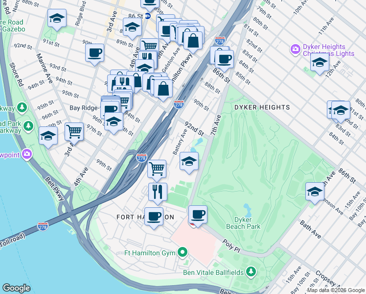 map of restaurants, bars, coffee shops, grocery stores, and more near 215 Battery Avenue in Brooklyn