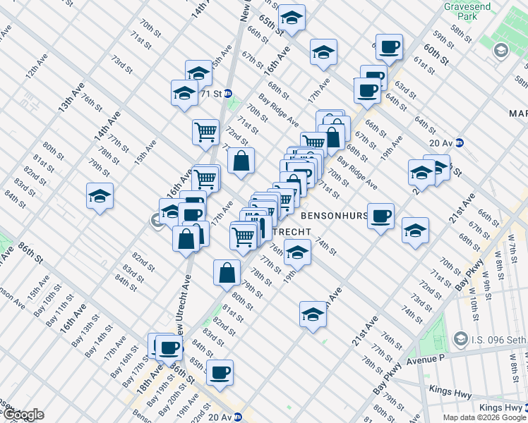 map of restaurants, bars, coffee shops, grocery stores, and more near 1765 Bay Ridge Parkway in Brooklyn