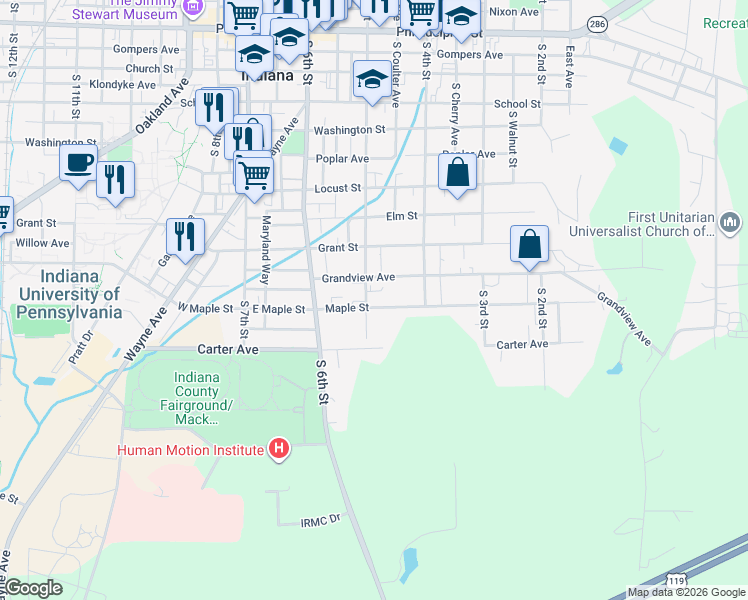 map of restaurants, bars, coffee shops, grocery stores, and more near 485 Maple Street in Indiana
