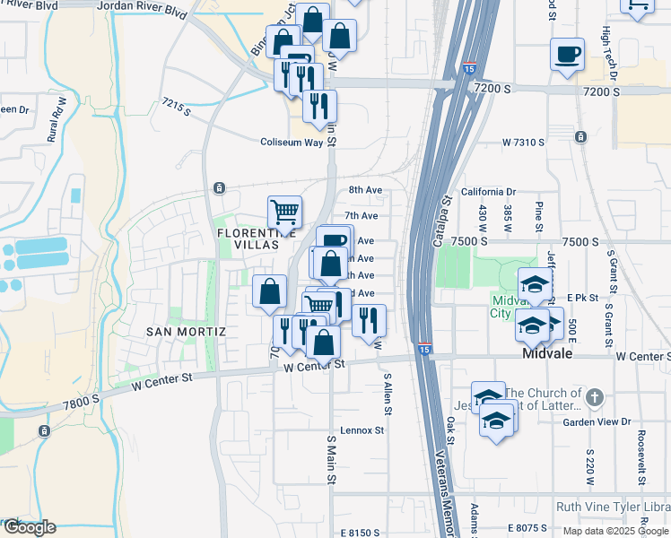 map of restaurants, bars, coffee shops, grocery stores, and more near 7572 Main Street West in Midvale