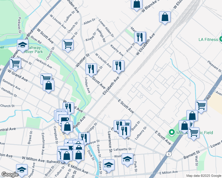 map of restaurants, bars, coffee shops, grocery stores, and more near 39 West Scott Avenue in Rahway