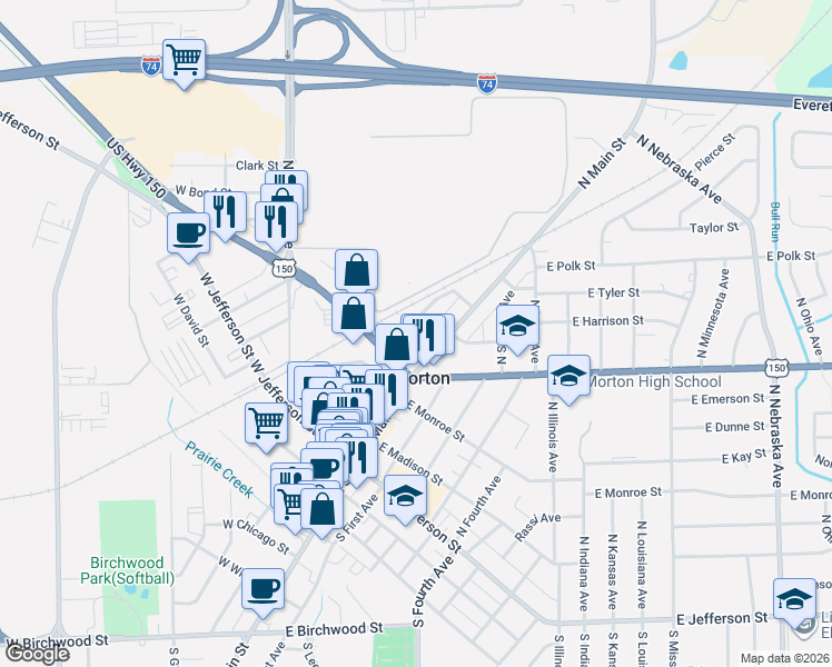 map of restaurants, bars, coffee shops, grocery stores, and more near 412 North Bauman Avenue in Morton