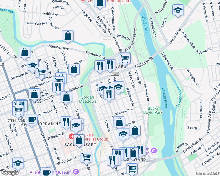 map of restaurants, bars, coffee shops, grocery stores, and more near 601 North 2nd Street in Allentown