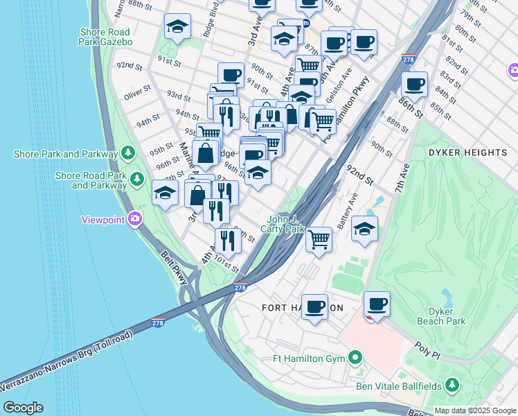 map of restaurants, bars, coffee shops, grocery stores, and more near 442 97th Street in Brooklyn
