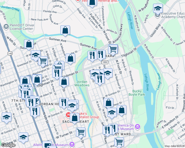 map of restaurants, bars, coffee shops, grocery stores, and more near 526 North 3rd Street in Allentown