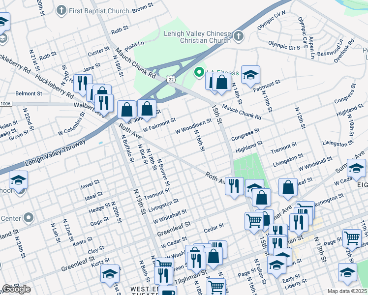 map of restaurants, bars, coffee shops, grocery stores, and more near 1634 Pennsylvania Street in Allentown