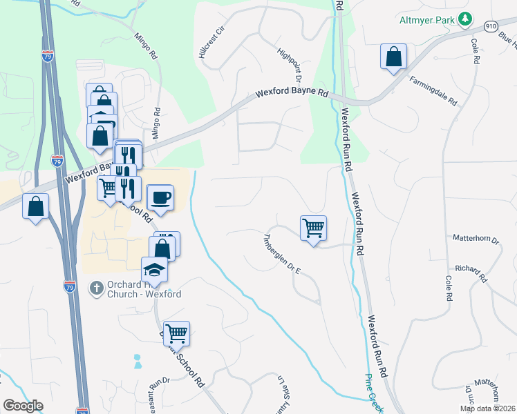 map of restaurants, bars, coffee shops, grocery stores, and more near 1611 English Oak Court in Wexford