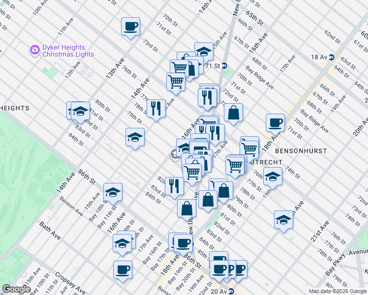 map of restaurants, bars, coffee shops, grocery stores, and more near 1615 79th Street in Brooklyn