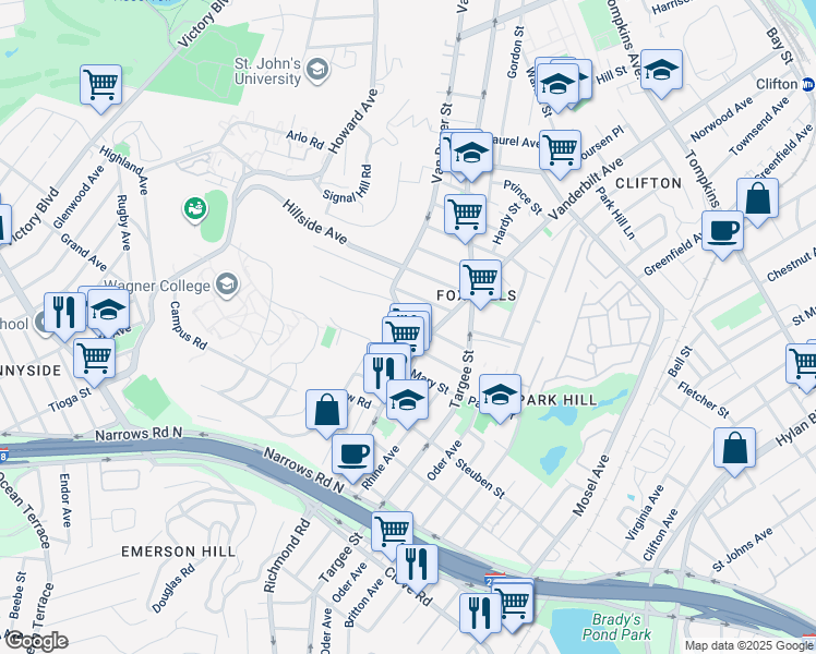 map of restaurants, bars, coffee shops, grocery stores, and more near 1032 Van Duzer Street in Staten Island