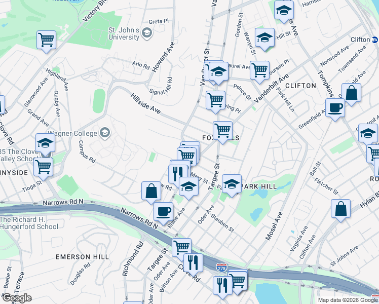 map of restaurants, bars, coffee shops, grocery stores, and more near 32 Cornell Place in Staten Island