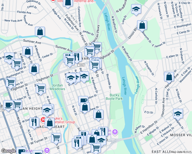 map of restaurants, bars, coffee shops, grocery stores, and more near 513 North Front Street in Allentown