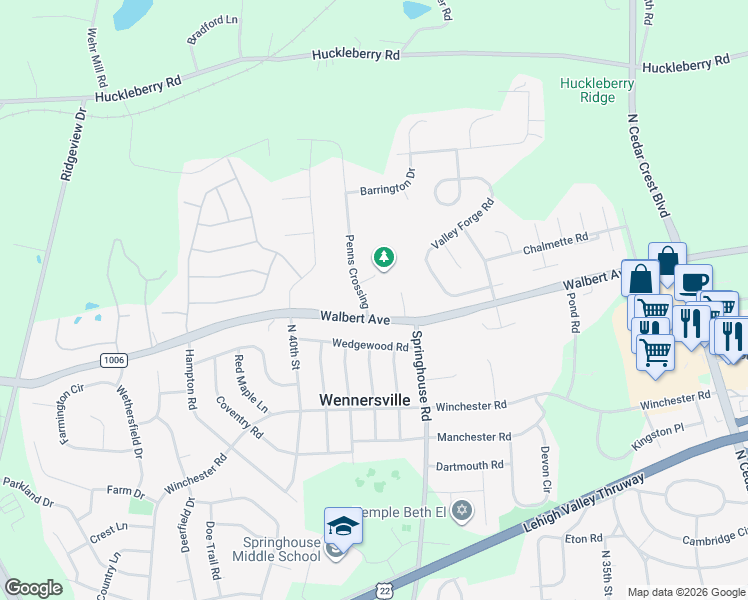 map of restaurants, bars, coffee shops, grocery stores, and more near 1619 Penns Crossing in Allentown
