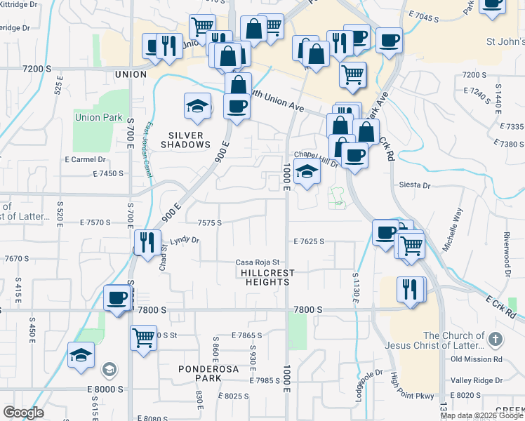 map of restaurants, bars, coffee shops, grocery stores, and more near 7548 Casa Negra Circle in Midvale
