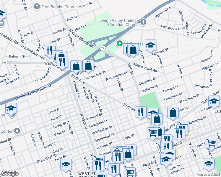 map of restaurants, bars, coffee shops, grocery stores, and more near 1634 Pennsylvania Street in Allentown