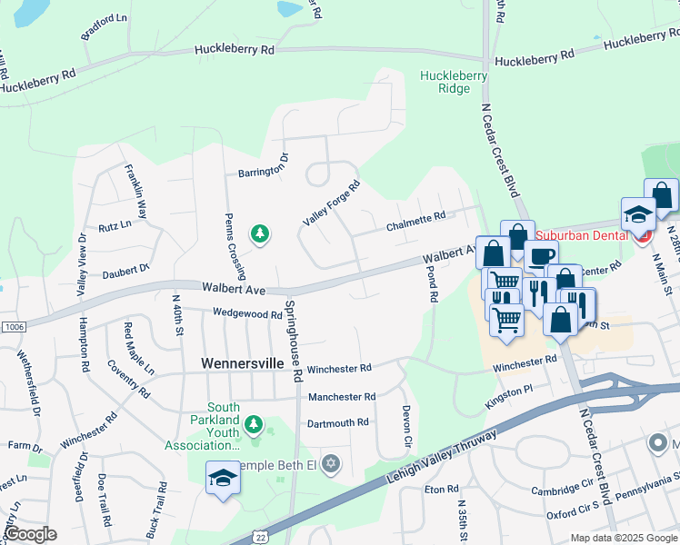 map of restaurants, bars, coffee shops, grocery stores, and more near 1648 Valley Forge Road in Allentown