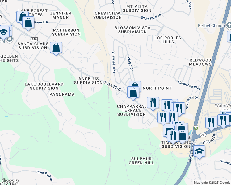 map of restaurants, bars, coffee shops, grocery stores, and more near 555 Buckeye Terrace in Redding