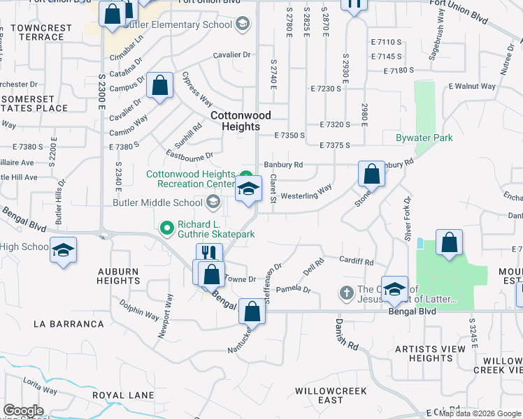 map of restaurants, bars, coffee shops, grocery stores, and more near 7535 South 2700 East in Cottonwood Heights