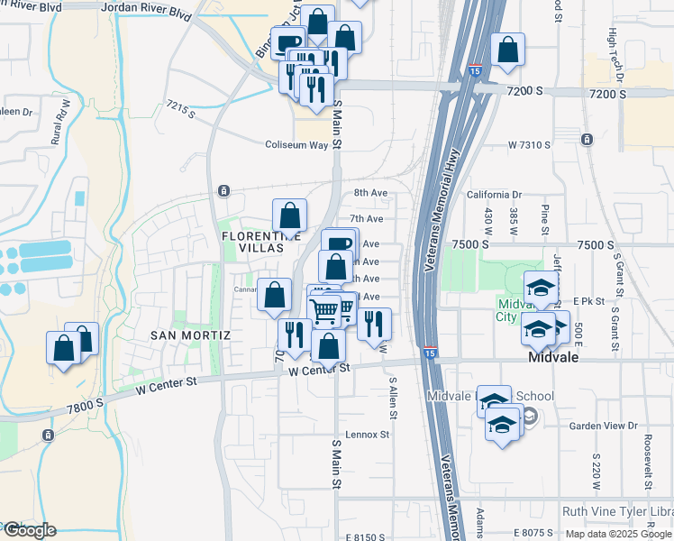 map of restaurants, bars, coffee shops, grocery stores, and more near 7572 Main Street West in Midvale