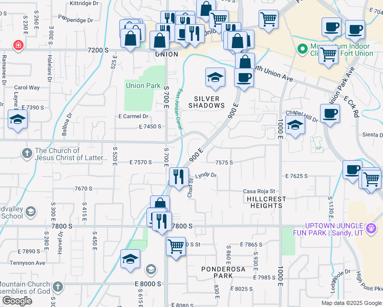 map of restaurants, bars, coffee shops, grocery stores, and more near 7545-7547 Southcrest Circle in Midvale