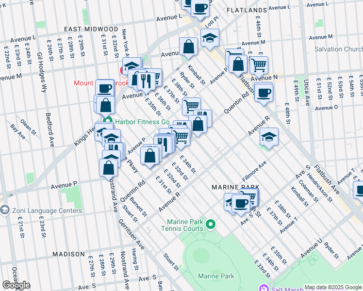 map of restaurants, bars, coffee shops, grocery stores, and more near 3415 Quentin Road in Brooklyn