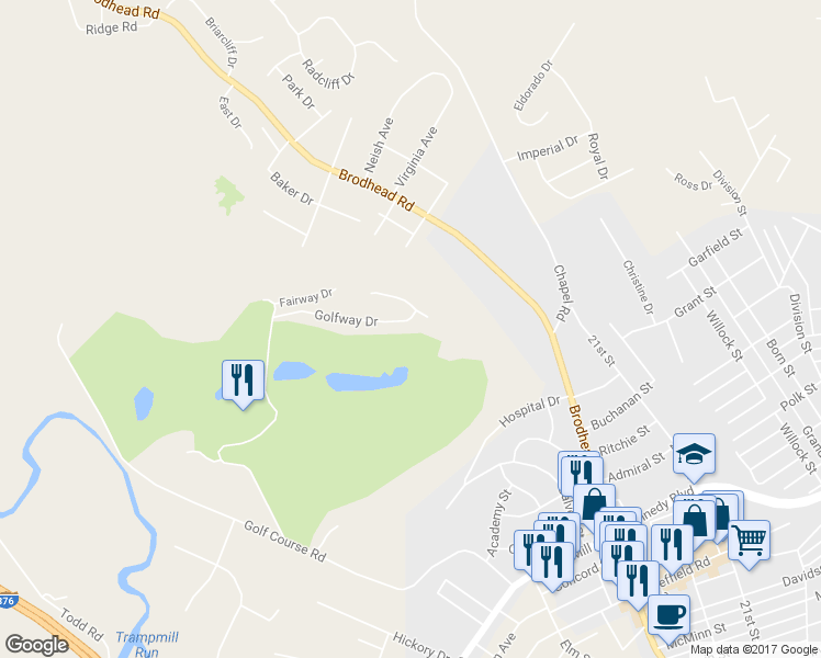 map of restaurants, bars, coffee shops, grocery stores, and more near 2032 Golfway Drive in Aliquippa