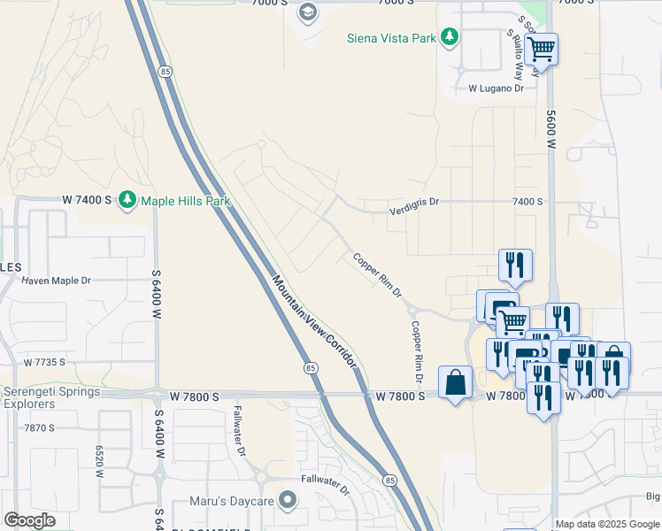 map of restaurants, bars, coffee shops, grocery stores, and more near 6042 West Sapphire Street in West Jordan
