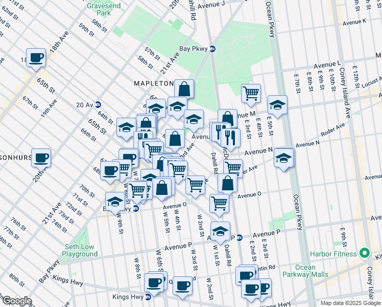 map of restaurants, bars, coffee shops, grocery stores, and more near 2311 62nd Street in Brooklyn