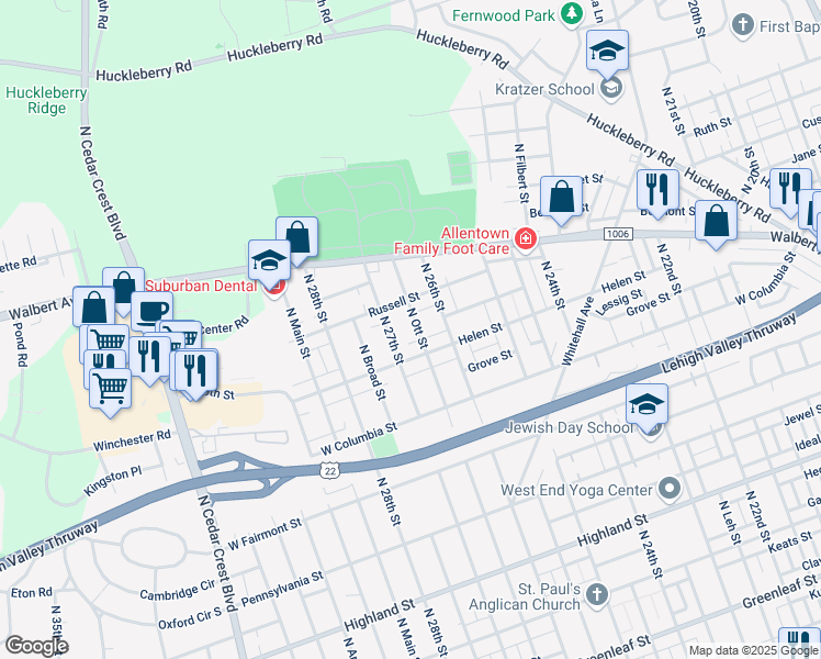 map of restaurants, bars, coffee shops, grocery stores, and more near 1516 North Ott Street in Allentown