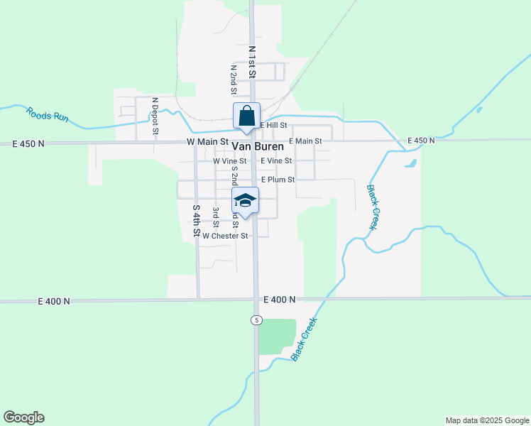 map of restaurants, bars, coffee shops, grocery stores, and more near 107 E Park St in Van Buren