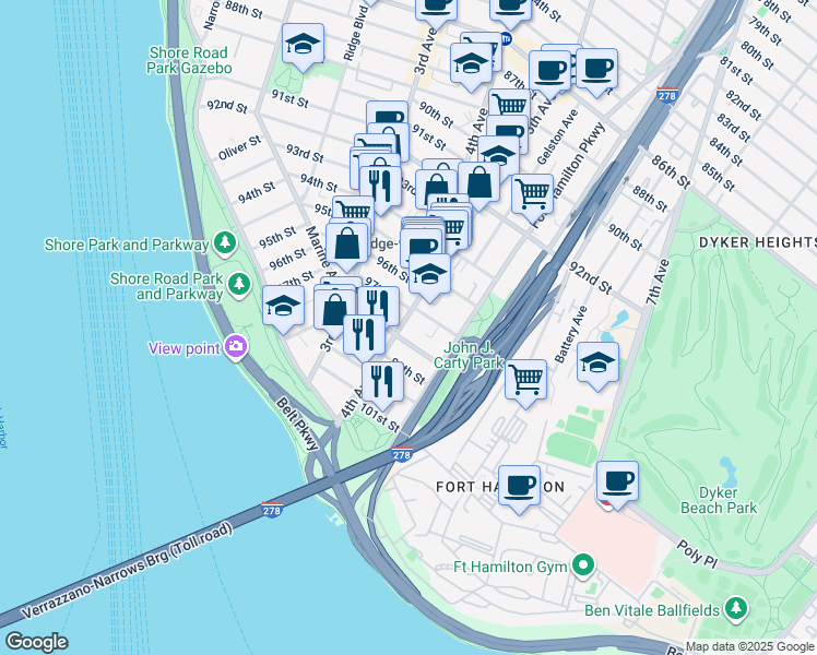 map of restaurants, bars, coffee shops, grocery stores, and more near 9824 4th Avenue in Brooklyn
