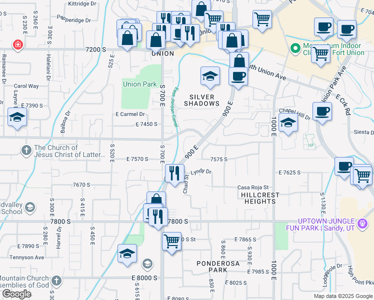 map of restaurants, bars, coffee shops, grocery stores, and more near 7545-7547 Southcrest Circle in Midvale
