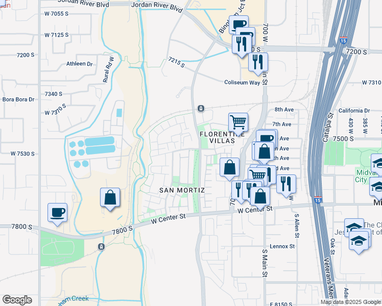 map of restaurants, bars, coffee shops, grocery stores, and more near 7539 Summit Peak Drive in Midvale