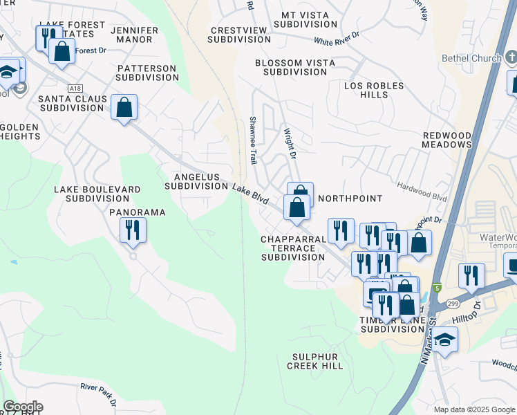 map of restaurants, bars, coffee shops, grocery stores, and more near 550 Buckeye Terrace in Redding