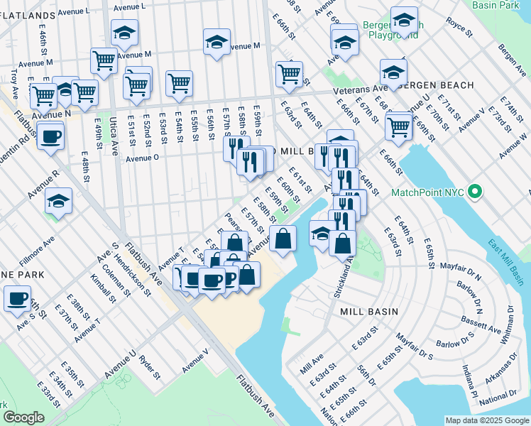 map of restaurants, bars, coffee shops, grocery stores, and more near 2066 East 58th Street in Brooklyn