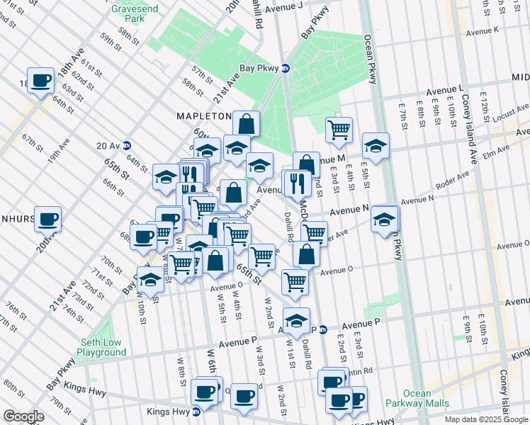 map of restaurants, bars, coffee shops, grocery stores, and more near 2311 62nd Street in Brooklyn