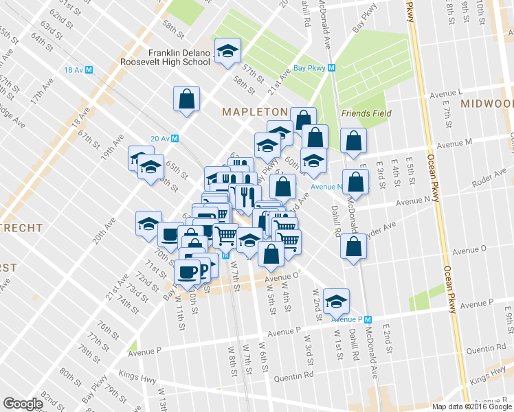 map of restaurants, bars, coffee shops, grocery stores, and more near 2225 64th Street in Brooklyn