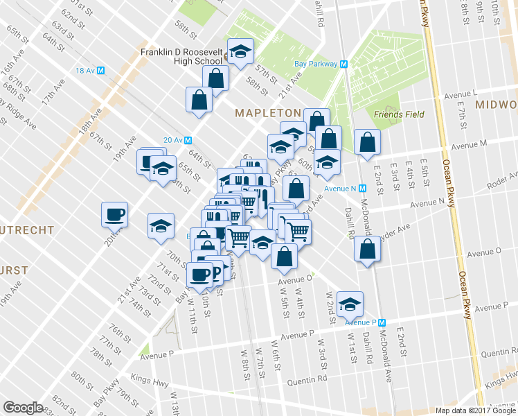 map of restaurants, bars, coffee shops, grocery stores, and more near 2225 64th Street in Brooklyn