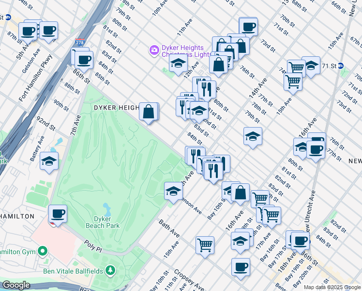 map of restaurants, bars, coffee shops, grocery stores, and more near 1316 85th Street in Brooklyn