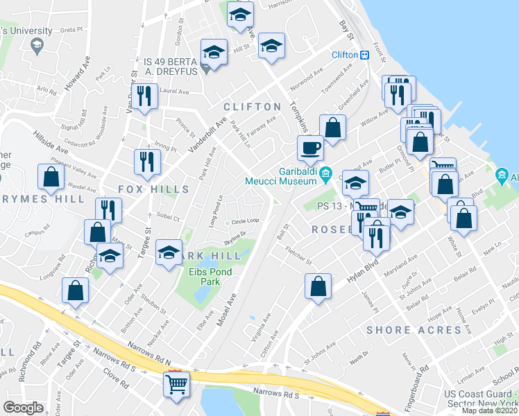 map of restaurants, bars, coffee shops, grocery stores, and more near 207 Skyline Drive in Staten Island
