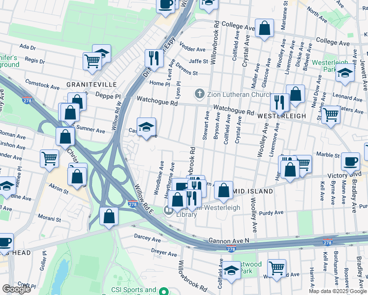map of restaurants, bars, coffee shops, grocery stores, and more near 400 Willowbrook Road in Staten Island