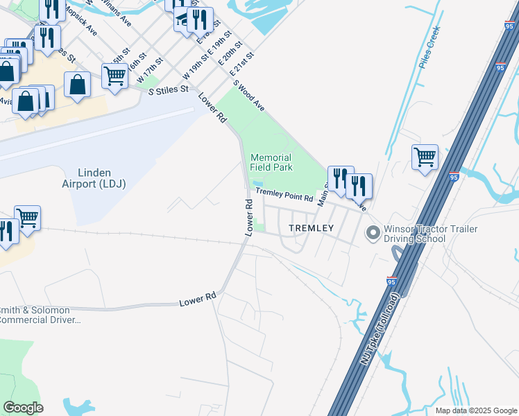 map of restaurants, bars, coffee shops, grocery stores, and more near 207 Lower Road in Linden