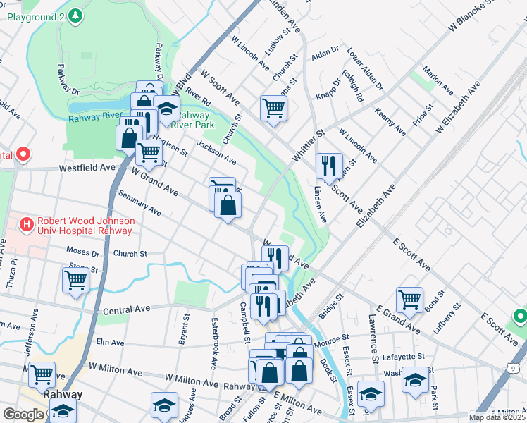 map of restaurants, bars, coffee shops, grocery stores, and more near 368 Union Street in Rahway