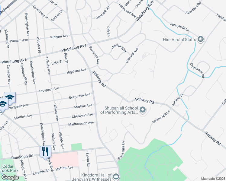 map of restaurants, bars, coffee shops, grocery stores, and more near 1061 Rahway Road in Plainfield
