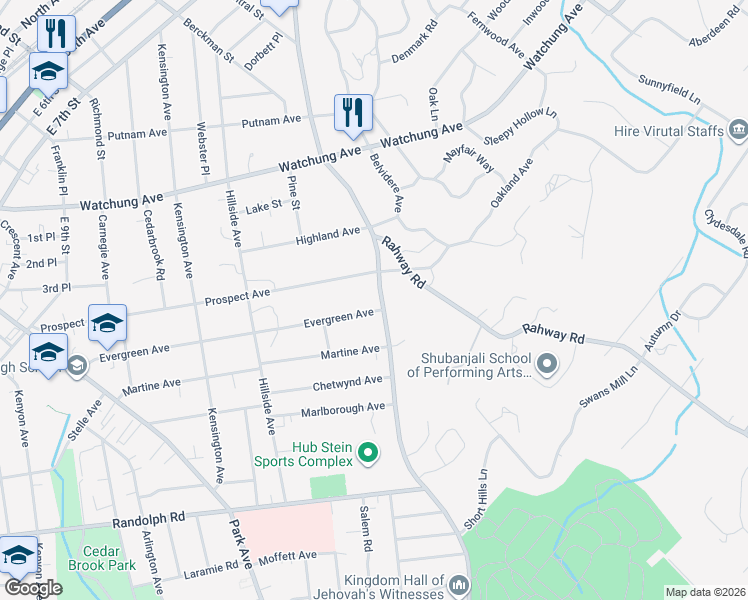 map of restaurants, bars, coffee shops, grocery stores, and more near 1425 Evergreen Avenue in Plainfield
