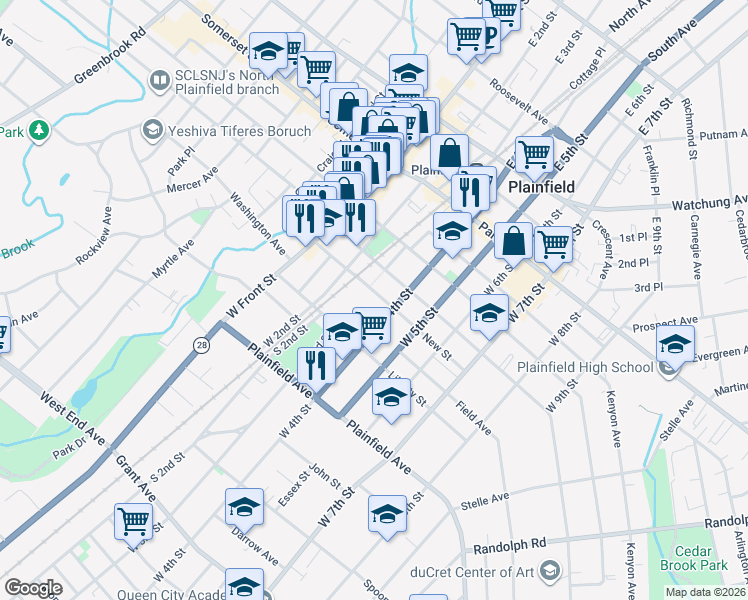 map of restaurants, bars, coffee shops, grocery stores, and more near 430 West 4th Street in Plainfield