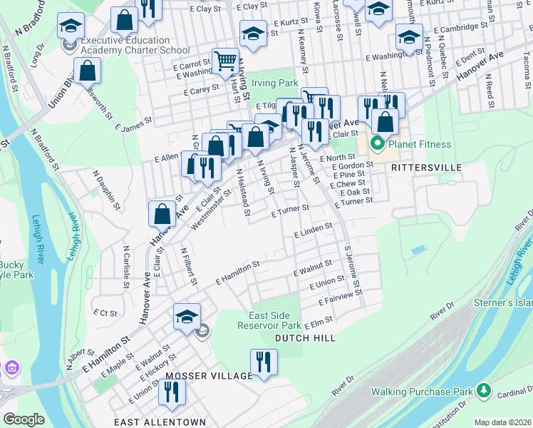 map of restaurants, bars, coffee shops, grocery stores, and more near 832 East Turner Street in Allentown