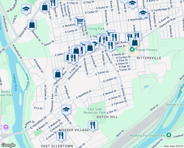 map of restaurants, bars, coffee shops, grocery stores, and more near 832 East Turner Street in Allentown