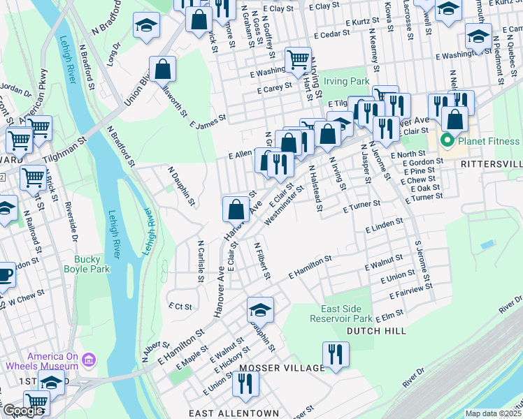 map of restaurants, bars, coffee shops, grocery stores, and more near 635 Westminster Street in Allentown