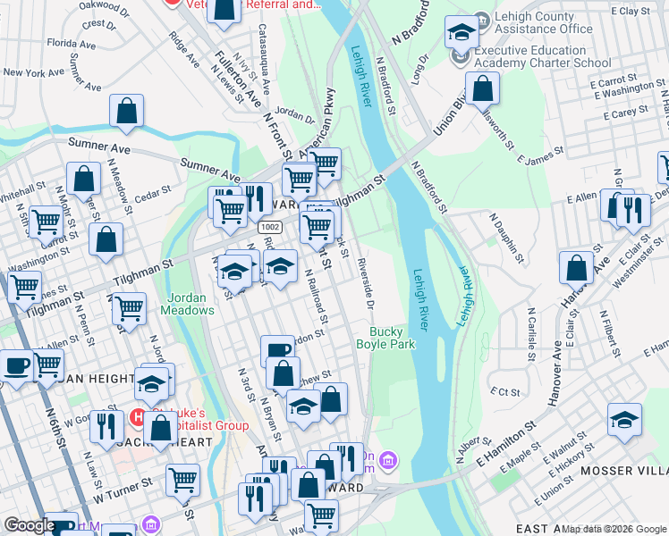 map of restaurants, bars, coffee shops, grocery stores, and more near 513 North Front Street in Allentown