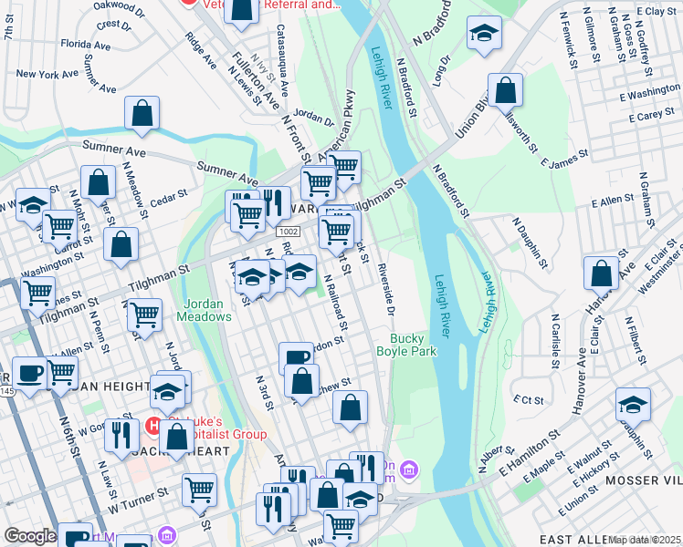 map of restaurants, bars, coffee shops, grocery stores, and more near 513 North Front Street in Allentown